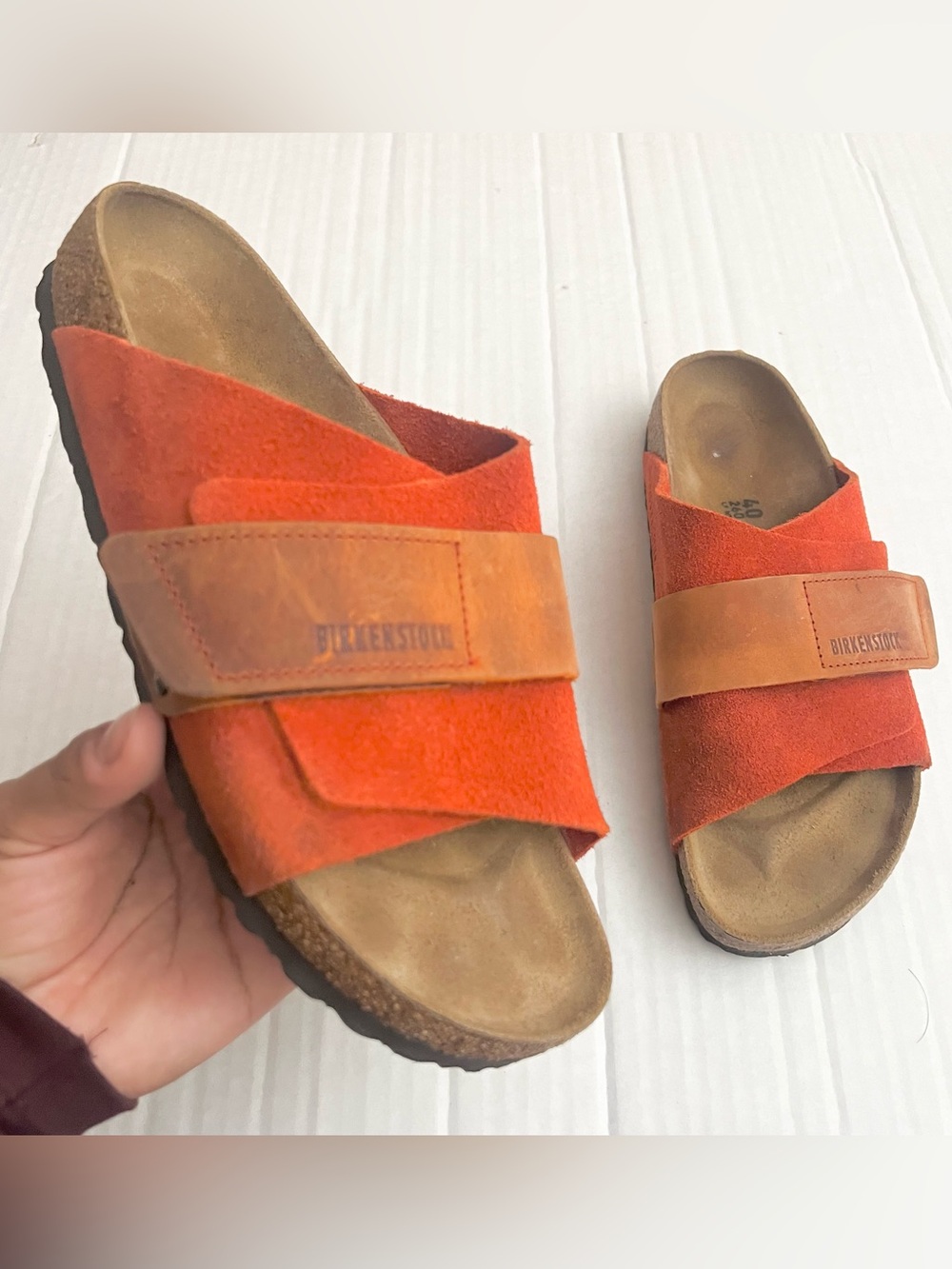 Birkenstock | Kyoto Nobuck Suede Rust Brown Cross-Strap Slide Sandals